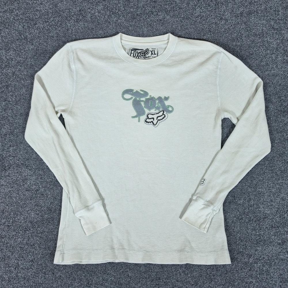 Fox Racing Mens XL Waffle Knit Thermal Shirt Off White Long Sleeve Graphic Y2K